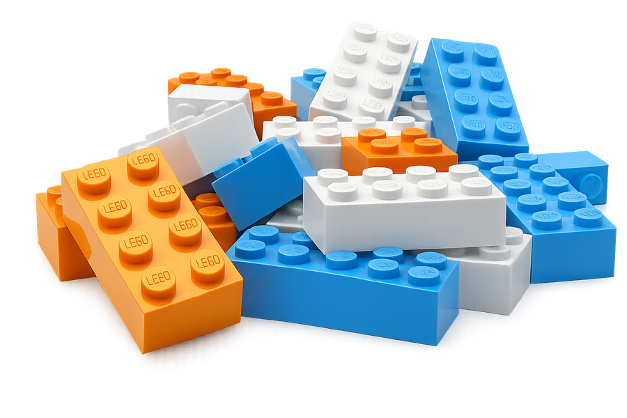 A pile of orange, white, and blue LEGO bricks